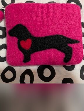 Felt Pink Daschund Pouch with Black Silhouette and Red Heart